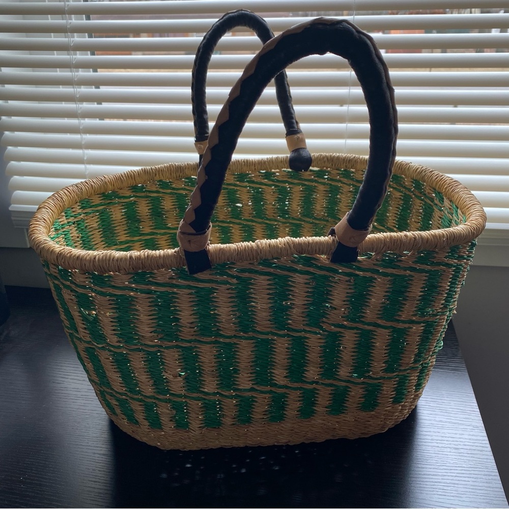 Bolga African Green and Tan Woven Tote Bag Medium Size